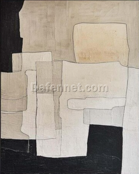 Neutral Minimalist Canvas Art – Beige and Black Textured Oil Painting for Bohemian Wall Decoration