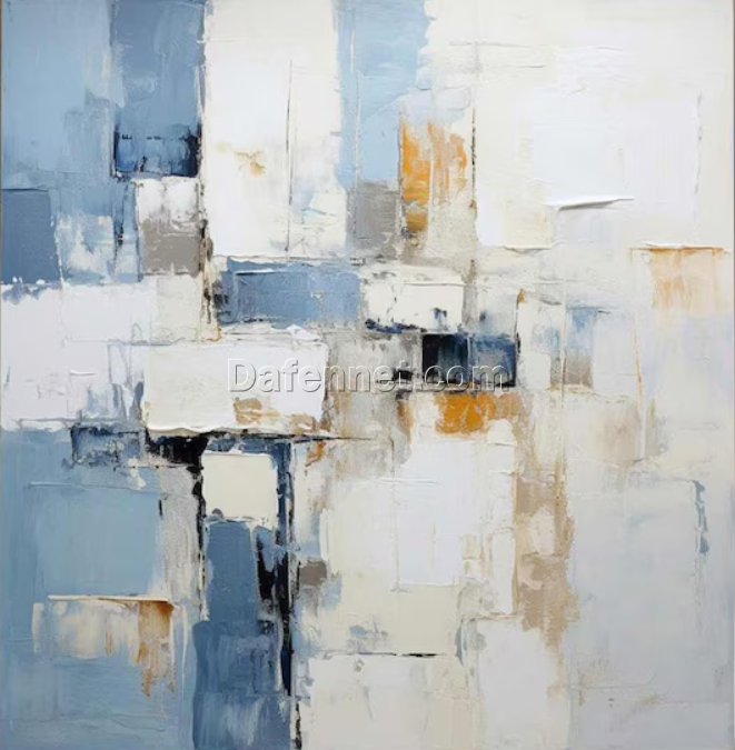 Neutral Beige and Blue Abstract Oil Painting – Textured Canvas Modern Art for Stylish Wall Décor