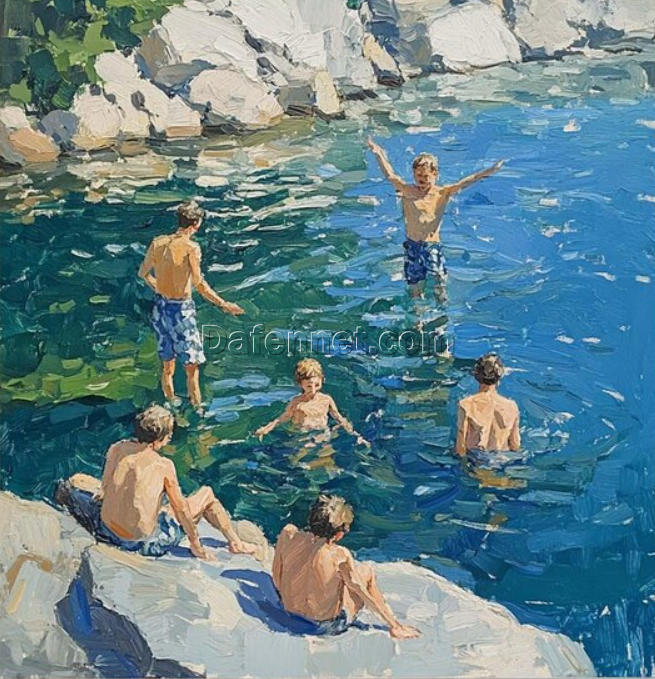 Summer Lake Swimming Oil Painting – Blue Abstract Landscape Art for Festive Home Walls