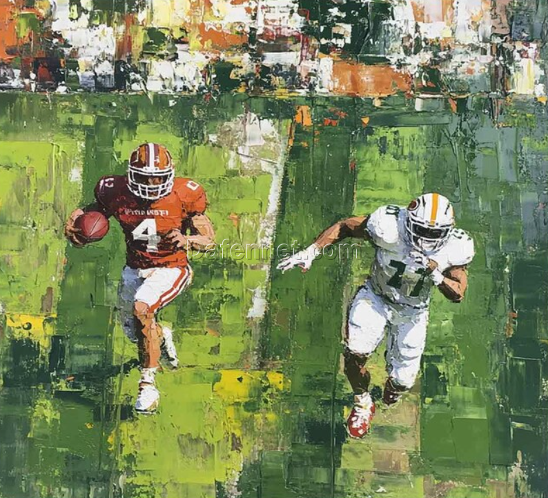 Football Player Oil Painting – Abstract Green Textured Canvas Art for Sports-Themed Home Décor