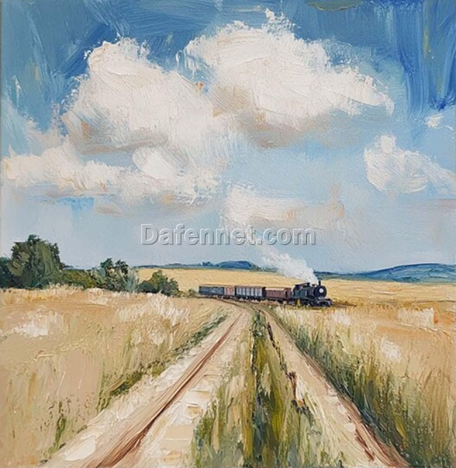 Neutral Landscape Canvas Art – Original Textured Oil Painting of Vintage Countryside with Blue Sky