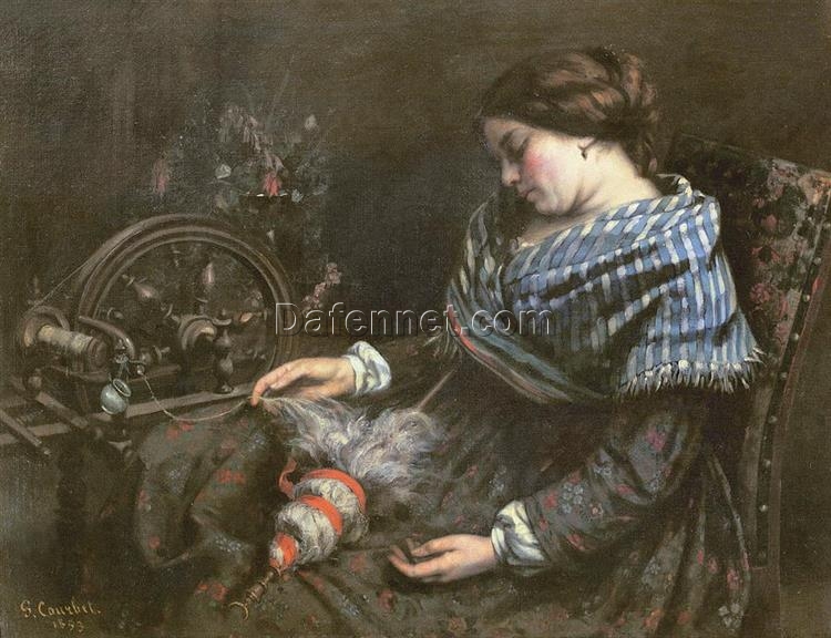 Authentically Inspired 1853 ‘The Sleeping Embroiderer’ by Gustave Courbet – Realist Oil Canvas Genre Painting, 91×115 cm, Capturing the Spirit of the Musée Fabre Original