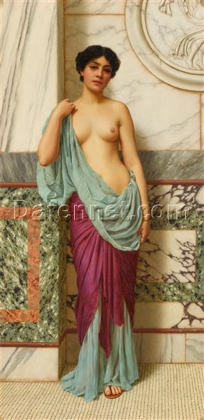 Authentic ‘John William Godward Inspired’ Oil Painting of ‘At the Thermae’ in 1909 Neoclassical Style, Hand – crafted in Dafen Village for Nude Art Collectors Searching for Elegant Neoclassical Nudes