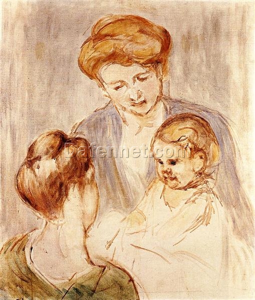 Unique Hand-painted Impressionist Genre Painting Inspired by Mary Cassatt’s ‘A Baby Smiling at Two Young Women’ – Oil on Canvas from Dafen Village Artisans