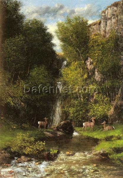 Exquisitely Hand-Painted Oil on Canvas Replica of Gustave Courbet’s ‘A Family of Deer in a Landscape with a Waterfall’ – A Realistic Masterpiece by Dafen Village Artists for Nature Lovers and Art Collectors