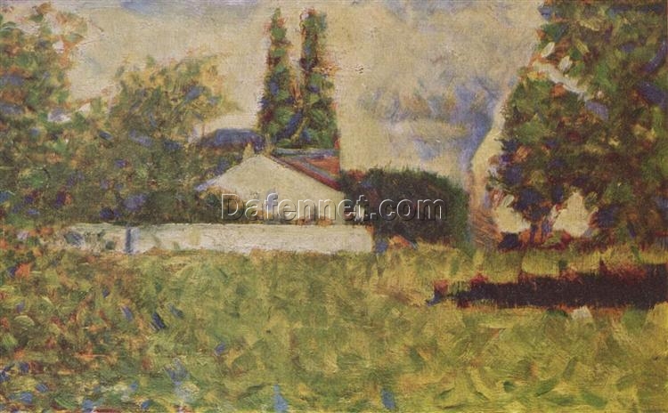 Exquisitely Hand-Painted Oil on Wood Replica of Georges Seurat’s ‘A House between Trees’ (Maisons dans les arbres) – A Charming Impressionist Landscape by Dafen Village Artists for Art Aficionados and Nature Lovers