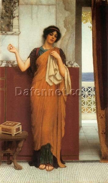 Custom – made Oil Painting of ‘A Stitch in Time (Idle Thoughts)’ in the Vein of John William Godward’s 1898 Neoclassical Style, Created in Dafen Village for Home Decorators Seeking an Artistic and Timeless Accent