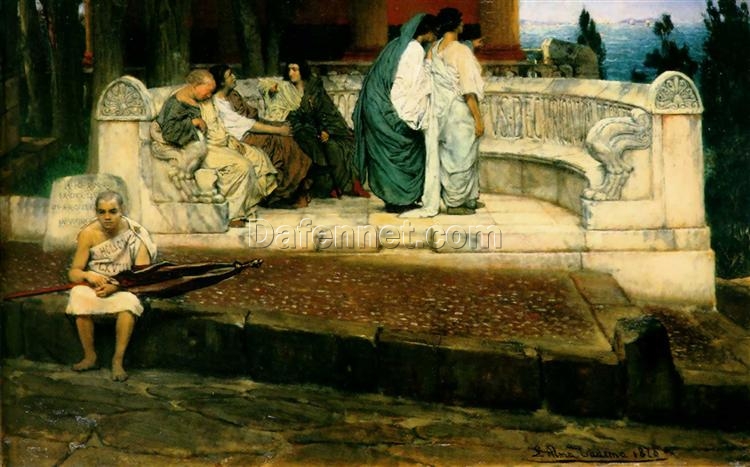 Exquisitely Hand-Painted Oil on Canvas Inspired by Sir Lawrence Alma-Tadema’s ‘An Exedra’ (1869) – A Charming Romantic Genre Replica by Dafen Village Artists for Art Aficionados and Ancient Architecture Enthusiasts