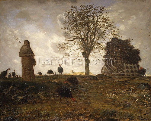 Hand-Painted Realist Genre Painting “Autumn Landscape with a Flock of Turkeys” INSPIRED BY Jean-Francois Millet (c.1873) – Skillfully Crafted by Dafen Village Artisans for Art Aficionados