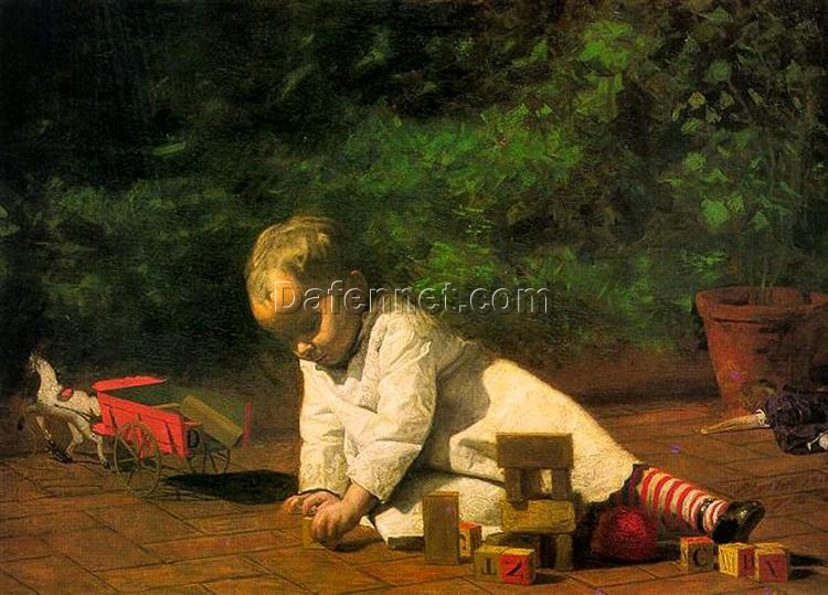 Authentic-Looking Realist Genre Painting “Baby at Play” (1876) by Thomas Eakins – Dafen Village Creation, Oil Painting for Home and Office Spaces, Adored by Art Aficionados and Those Who Appreciate Childhood Memories