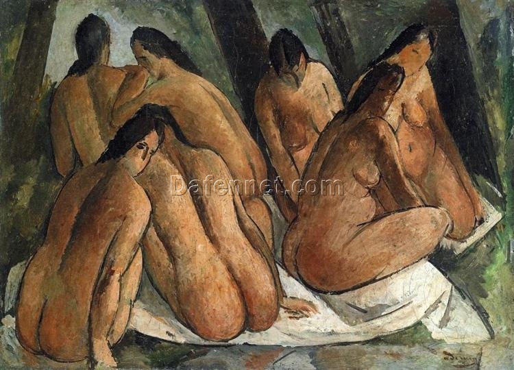 High-Quality Replica of Andre Derain’s c.1908 ‘Bathers’ – A Stunning Cubist Nude Oil on Canvas from Dafen Village, Ideal for Interior Designers and Art Lovers Seeking Intimate and Artistic Decor