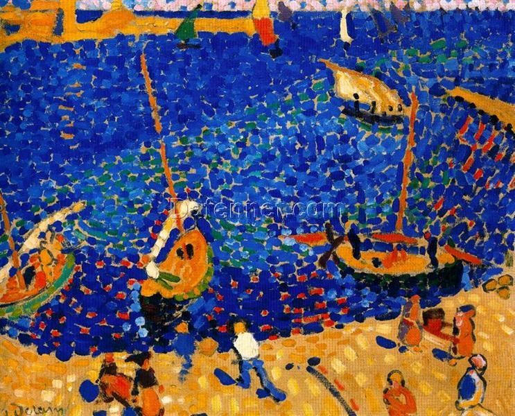 Andre Derain’s ‘Boats at Collioure’ Inspired Oil Painting on Canvas – A Mesmerizing Fauvist and Neo – Impressionist Marina Scene for Art Collectors