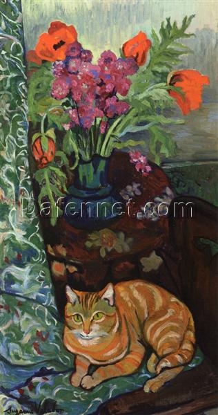 Authentic – Style Oil Painting – “Bouquet and a Cat” Inspired by Valadon – Dafen Village’s Exclusive Creation