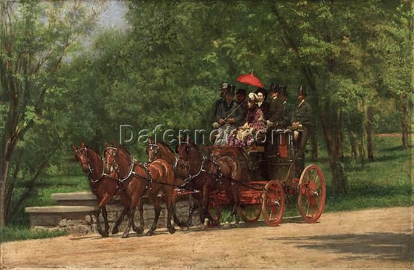 Authentic-Looking Realist Genre Painting “A May Morning in the Park (The Fairman Robers Four in Hand)” (1880) by Thomas Eakins – Dafen Village Creation, Oil Painting for Home and Office Spaces, Adored by Art Aficionados and Those Who Appreciate Victorian Leisure Scenes