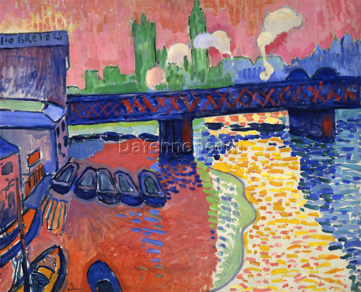 Vibrant Fauvist-Inspired Charing Cross Bridge Oil Painting on Canvas by Andre Derain Replica – Perfect for London Cityscape Art Lovers