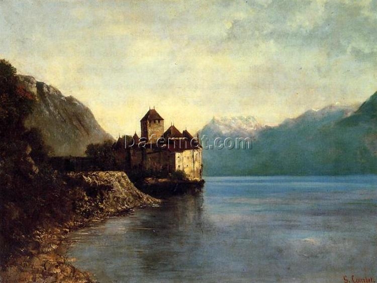 Enchanting Gustave Courbet’s ‘Chateau du Chillon’ Realist Oil on Canvas Landscape – 1874 Masterpiece at Musée Courbet