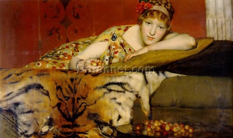 Exquisitely Hand-Painted Oil on Canvas Inspired by Sir Lawrence Alma-Tadema’s ‘Cherries’ (1873) – A Captivating Romantic Portrait Replica by Dafen Village Artists for Portrait Enthusiasts and Art Connoisseurs