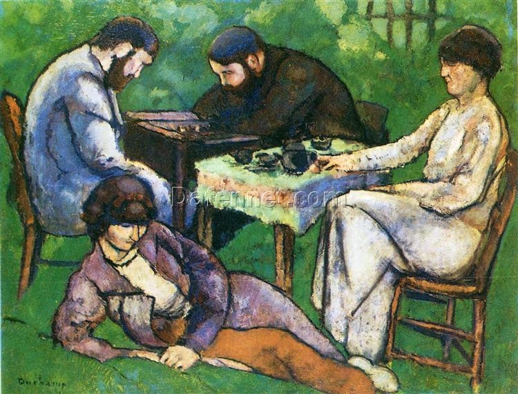 Exquisite Dafen Village Creation: ‘Chess Game’ Inspired by Marcel Duchamp (1910) – Post – Impressionist Genre Oil Painting on Canvas