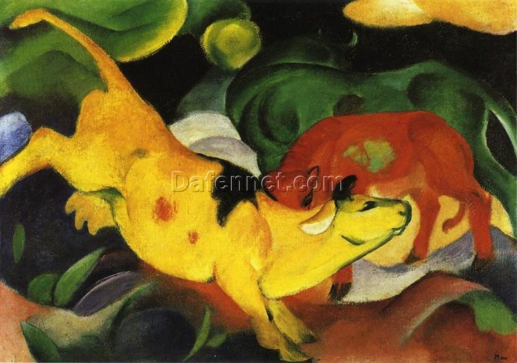 Inspired by Franz Marc – Cows, Yellow-Red-Green | Hand-Painted Oil Painting | Expressionist Animal Art | DaFen Village Studio