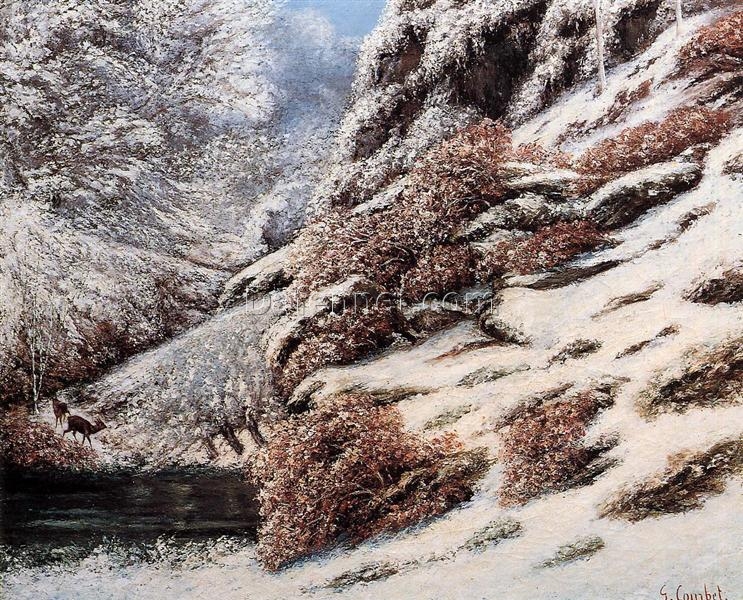 Gustave Courbet’s Timeless ‘Deer in a Snowy Landscape’ – 1867 Realist Landscape Oil Painting on Canvas, Inspired by Daniel Malingue Gallery’s Treasure