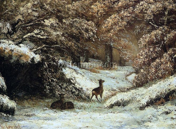 Gustave Courbet’s Timeless 1866 ‘Deer Taking Shelter in Winter’ – Realist Landscape Oil Painting on Canvas, A Tribute to Musée des Beaux-Arts de Lyon’s Collection, Great for Interior Decoration