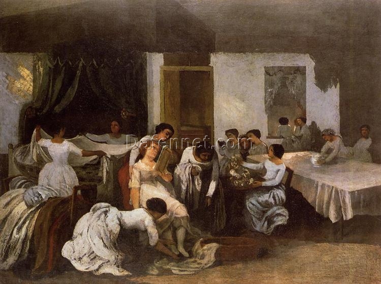 Gustave Courbet’s Timeless c.1855 ‘Dressing the Dead Girl (Dressing the Bride)’ – Realist Genre Oil Painting on Canvas, A Tribute to SCMA’s Collection