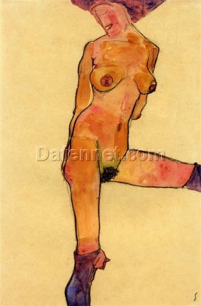 Expressionist ‘Female Nude’ by Egon Schiele – Hand-painted Watercolor Replica from Dafen Village for Art Aficionados