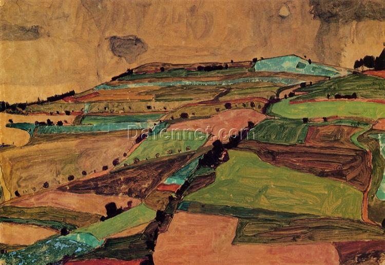 Egon Schiele’s ‘Field Landscape (Kreuzberg near Krumau)’: Expressionist Hand-painted Replica – Ideal for Creating a Dramatic and Evocative Atmosphere