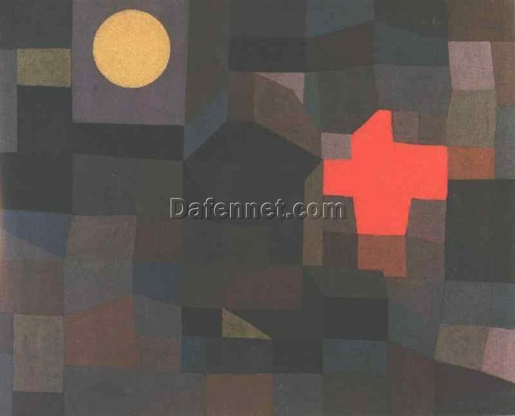 Authentic-looking ‘Fire, Full Moon’ by Paul Klee – Expressionist Landscape Inspired Oil Painting on Canvas from Dafen Village