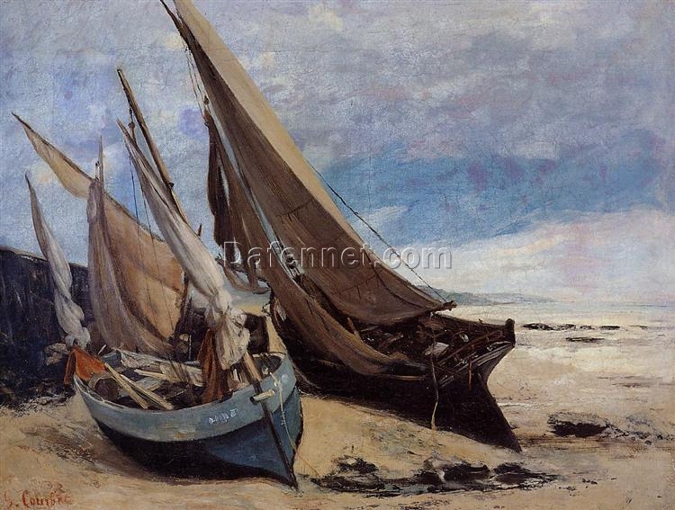 Authentically Rendered 1866 ‘Fishing Boats on the Deauville Beach’ by Gustave Courbet – Realist Oil Canvas Landscape, Capturing the Spirit of the Private Collection Original, Perfect for Art Collectors and Beach Lovers