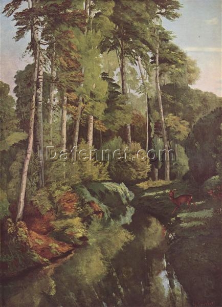 Gustave Courbet’s Timeless ‘Forest Brook with Deer’ – 1868 Realist Landscape Oil Painting on Canvas, Ideal for Nature Lovers