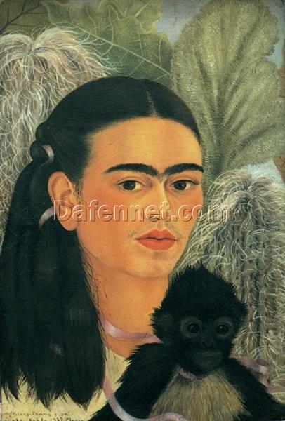 Custom Oil Painting Inspired by Frida Kahlo’s Fulang-Chang and I – Hand-Painted Naïve Art Self-Portrait Reproduction from DaFen Village Studio | Symbolic Mexican Fine Art for Home, Office, and Gallery Décor