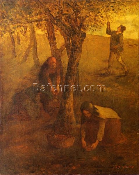 Hand-Painted Realist Genre Painting “Gathering Apples” INSPIRED BY Jean-Francois Millet – Exquisitely Crafted by Dafen Village Artisans for Art Lovers Enthusiastic about Rural Scenes