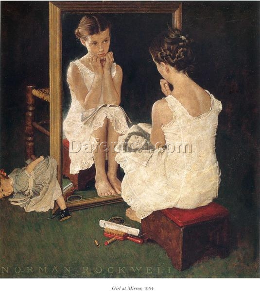 Hand – Painted Replica of Norman Rockwell’s “Girl at Mirror” Inspired by 1954 Original – Dafen Village Oil Painting for Home Decor