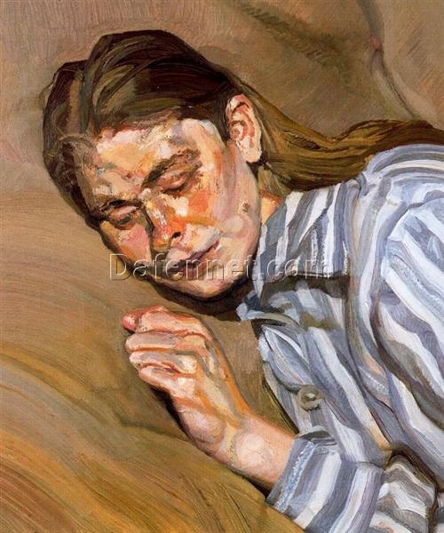 Exquisite Replica of Lucian Freud’s 1985 ‘Girl in Striped Nightshirt’ – Expressionist Portrait Oil on Canvas for Art Enthusiasts