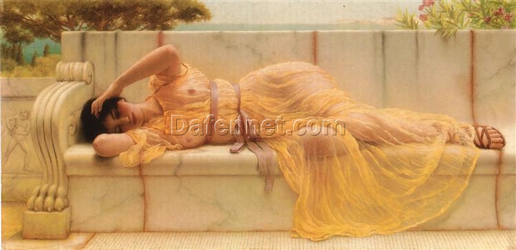 Custom – made Oil Painting of ‘Girl in yellow Drapery’ in the Vein of John William Godward’s 1901 Neoclassical Style, Created in Dafen Village for Home Decorators Seeking an Artistic and Timeless Accent