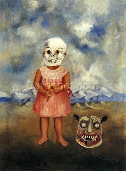 Custom Oil Painting Inspired by Frida Kahlo’s Girl with Death Mask (She Plays Alone) – Hand-Painted Naïve Art Reproduction from DaFen Village Studio | Symbolic Mexican Fine Art for Home, Office, and Gallery Décor