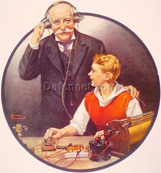 Dafen Village Replica – Norman Rockwell’s 1920 ‘Grandpa Listening In on the Wireless’ Regionalism Oil Painting