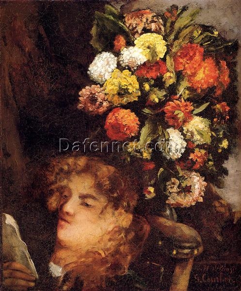 Enchanting Gustave Courbet’s ‘Head of a Woman with Flowers’ Realist Oil on Canvas Portrait – 1871 Masterpiece at Philadelphia Museum of Art