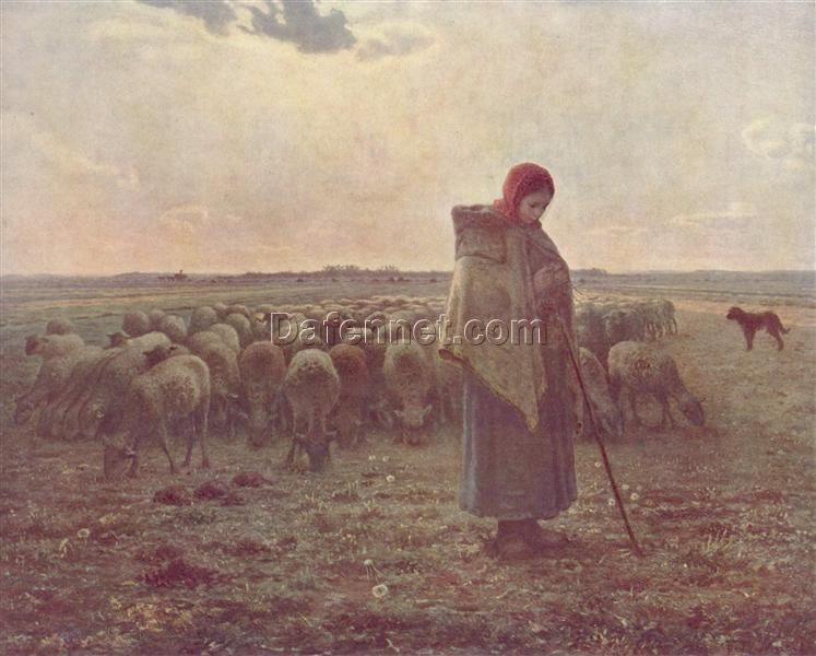 Custom-Sized Realist Genre Painting “Shepherdess with her Flock” Inspired by Jean-Francois Millet’s c.1863 Masterpiece – Handmade in Dafen Village to Suit Your Space