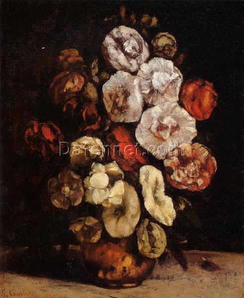 Custom – Tailored Oil Painting on Canvas Inspired by Gustave Courbet’s ‘Hollyhocks in a Copper Bowl’ (1872) – Exclusive Offer from Dafen Village Studios