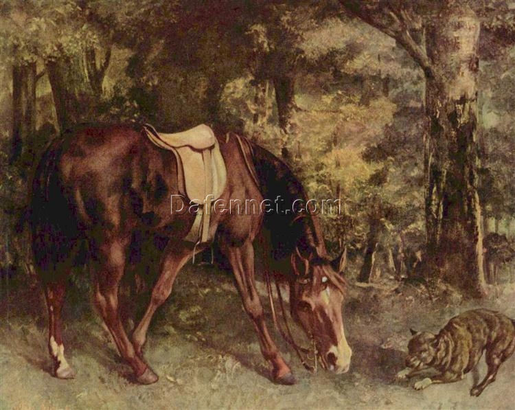 Authentically Rendered 1863 ‘Horse in the Woods’ by Gustave Courbet – Realist Oil Canvas Animal Painting, 108×133 cm, Capturing the Spirit of Courbet’s Original, Perfect for Art Collectors