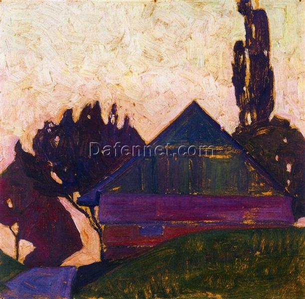 Egon Schiele’s ‘House Between Trees I’ Expressionist Style Hand-painted Oil on Panel Canvas – Ideal for Creating a Thought-provoking and Atmospheric Space