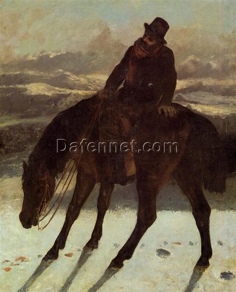 Authentically Rendered 1864 ‘Hunter on Horseback, Redcovering the Trail’ by Gustave Courbet – Realist Oil Canvas Genre Painting, Capturing the Spirit of the Yale University Art Gallery Original, Perfect for Art Collectors and History Buffs