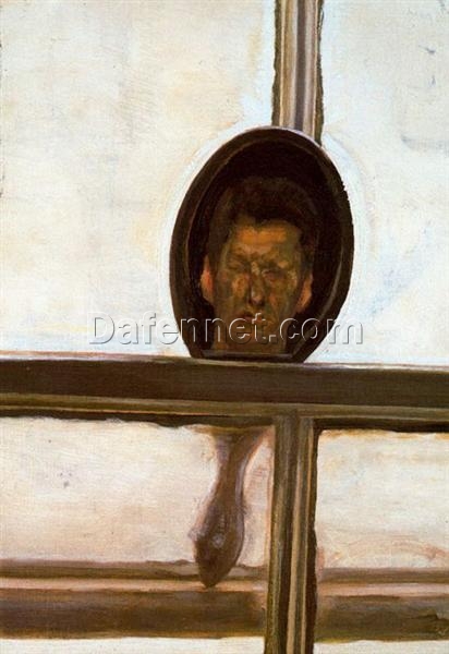 Authentic – Looking Reproduction of Lucian Freud’s ‘Interior with Hand Mirror (Self – Portrait)’ (c.1967) – Handmade Expressionist Oil Self – Portrait from Dafen Village Artisans