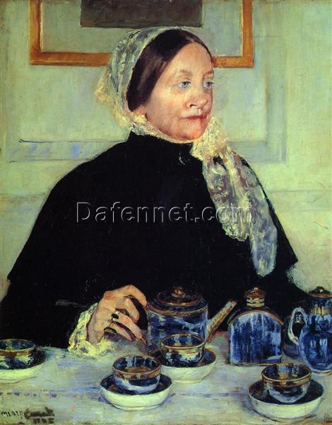 Unique Hand-painted Impressionist Portrait Inspired by Mary Cassatt’s ‘Lady at the Tea Table’ – Oil on Canvas from Dafen Village Artisans