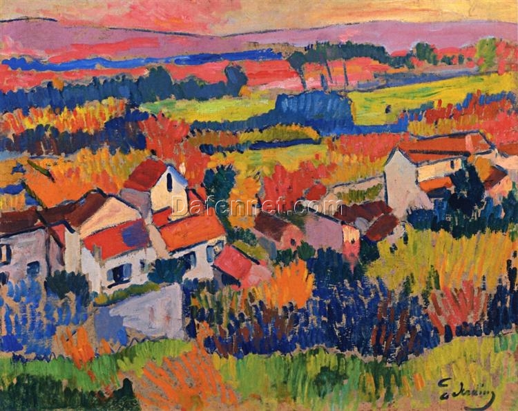 Authentic Fauvist & Neo – Impressionist ‘Landscape near Chatou’ Inspired Oil Painting on Panel – Andre Derain Replica Sized 56.2 x 46.04 cm