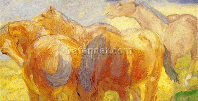 Franz Marc’s ‘Large Lenggries Horses’ Inspired Hand-painted Oil Canvas – Perfect for Adding a Touch of Elegance and Drama to Your Interior