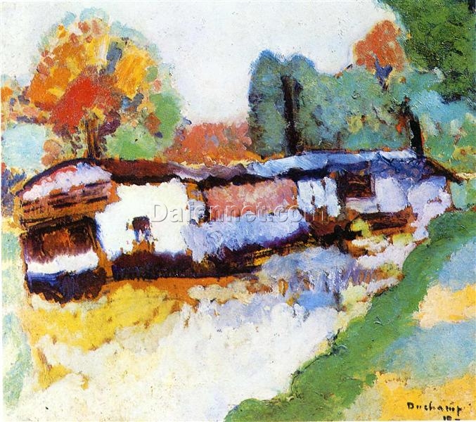 Authentic – Looking Reproduction of Marcel Duchamp’s ‘Laundry Barge’ – Handmade Fauvist Landscape Oil Painting on Cardboard by Dafen Village Artisans