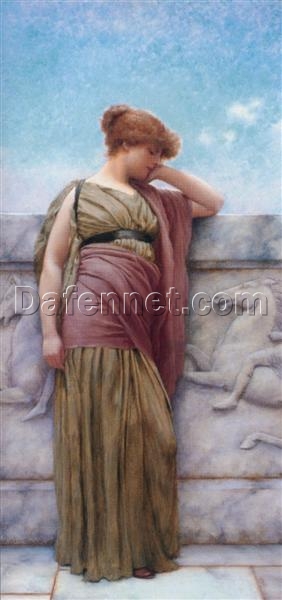 Exquisite Hand – painted Oil Reproduction of ‘Leaning on the Balcony’ INSPIRED BY John William Godward’s 1892 Neoclassical Masterpiece, from Dafen Village for Art Lovers and Neoclassicism Enthusiasts